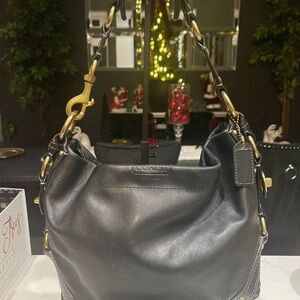 Coach Black Leather Shoulder Bag with Brass Accents